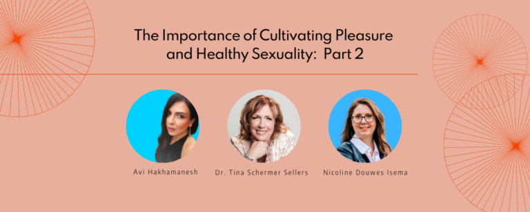 Headshots of Dr. Tina Schermer Sellers, Avi Hakhamanesh and Nicoline Douwes Isema over a peach background with the title "The Importance of Cultivating Pleasure and Healthy Sexuality: Part 2"