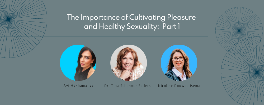 Headshots of Dr. Tina Schermer Sellers, Avi Hakhamanesh and Nicoline Douwes Isema over a green background with the title "The Importance of Pleasure and Healthy Sexuality: Part 1"
