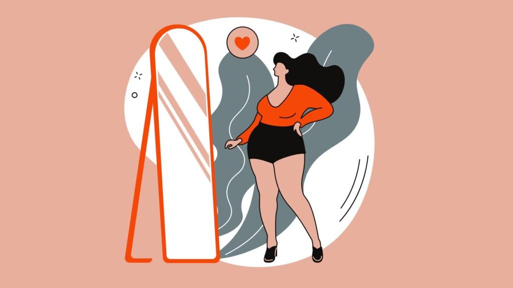 illustration of a woman looking in the mirror and feeling confident about her body: Body love