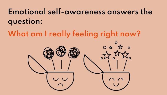 Emotional self-awareness answers the question:  What am I really feeling?" An illustration of two open heads.  One with a sad face and jumbled thoughts . One with a happy face and stars coming out.  