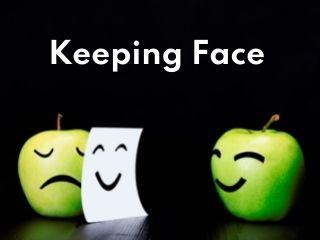 Keeping face keeps us from expressing our true emotions - An image of two apples. One with a happy face, and the other hiding his sad face with a white page with a happy face drawn on it.