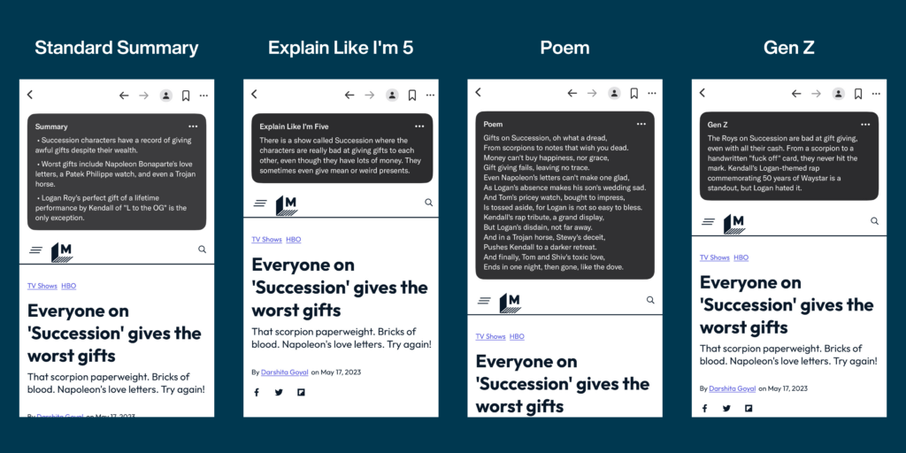 an Image showcasing the different versions of the article summaries possible from the Artifact news app including the standard summary, Explain Like I'm 5, Poem and Gen Z opions. 