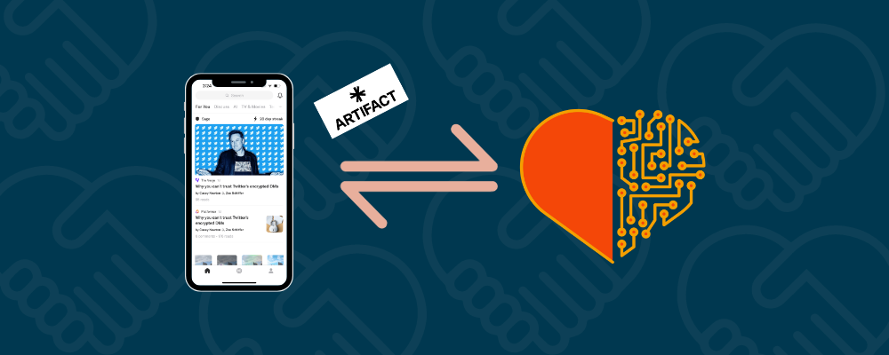 An illustration of the Artifact app in a phone frame connected to a digital heart being showcasing how the artifact powered by AI personalization helps brands form deeper connections, relationships and build trust with their audiences and consumers