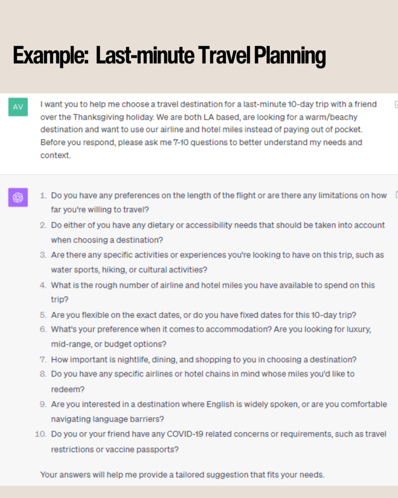 ChatGPT example showcasing both the prompt and AI's response: Last Minute Travel